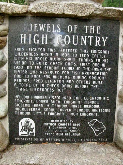 Clampers historical marker concerning herder-grazer check dams in High Sierra at Kennedy Meadows Pack Station.